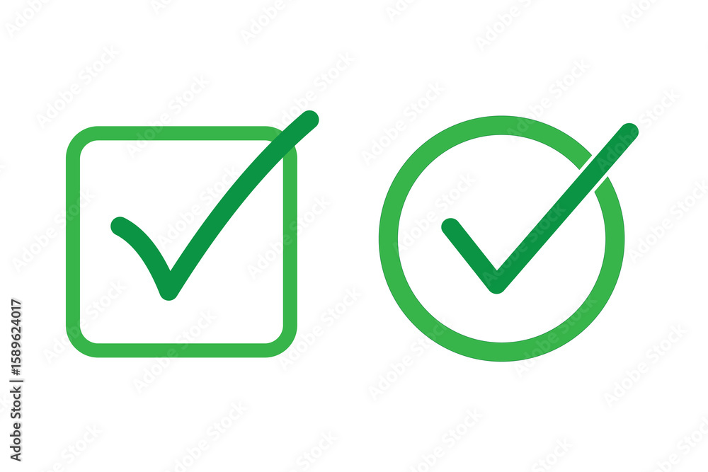 Poster check box icon with correct, accept checkmark icons green tick box, check list circle frame - checkb