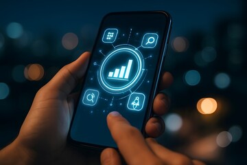 Hand holding smartphone displaying glowing digital analytics and business icons