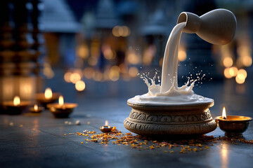  Shivling abhishek with milk in temple ambiance and sacred space for festival branding.
