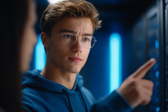 Young cybersecurity expert explaining data breach to reporters in server room - Powered by Adobe