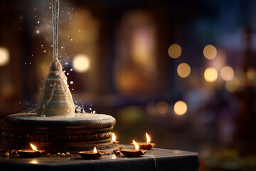  Shivling abhishek with milk in temple ambiance and sacred space for festival branding.
