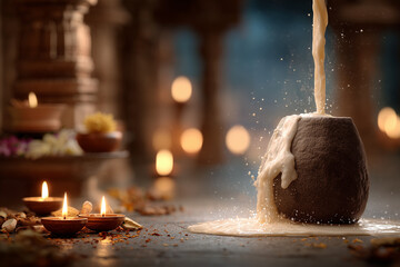  Shivling abhishek with milk in temple ambiance and sacred space for festival branding.
