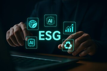 Man interacting with esg and ai icons on a digital interface