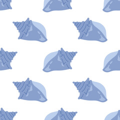 Seamless pattern with blue seashells on white. For summer textiles and beach designs.