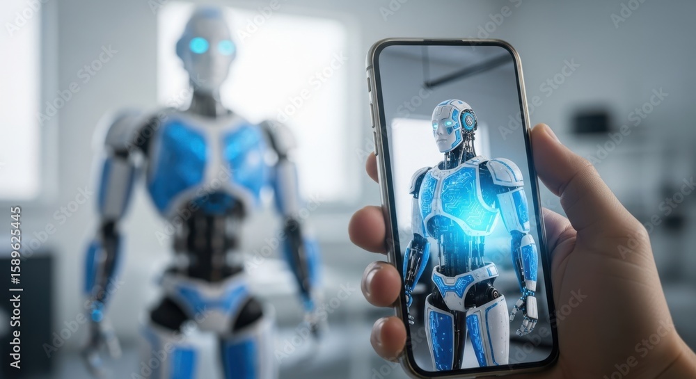 Aufkleber a hand holds a smartphone displaying a futuristic robot, with a blurred humanoid robot in the backgr