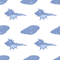 Seamless pattern with blue seashells on white background. For summer textiles and beach designs, summer, ocean.