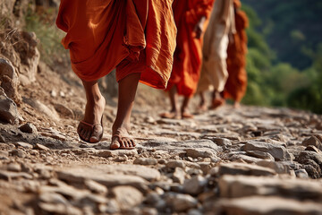  Devotional image of Kanwariyas walking barefoot during the Kanwar Yatra with side space for branding.
