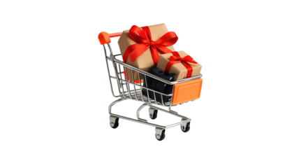 Shopping cart with gifts on transparent background png