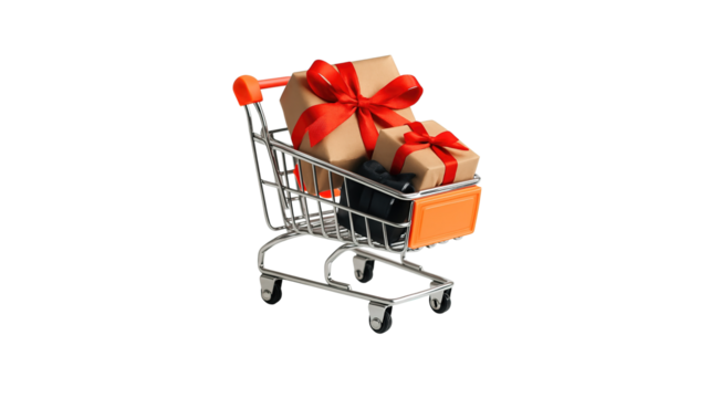 Shopping cart with gifts on transparent background png