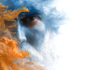  Abstract spiritual rendering of Bhole Baba’s divine presence in Ganga waters with saffron-blue energy and copy space.
