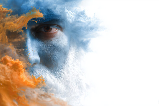  Abstract spiritual rendering of Bhole Baba&rsquo;s divine presence in Ganga waters with saffron-blue energy and copy space.

