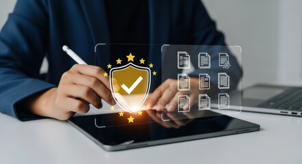 A person using a tablet to ensure compliance and data protection