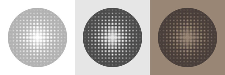 A set of spheres with gradient halftone dots on a white, gray, and brown background. Pop art style template, texture. Vector EPS 10.