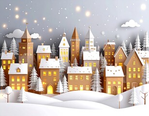 Obraz premium Charming Winter Village Scene with Snowy Landscape and Festive Decorations in a Paper Cut Style