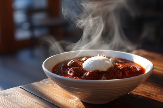Bowl of doro wat, ethiopian chicken stew, with poached egg on top, steam rising, warm atmosphere. Concept of doro wat highlighting rich flavors and cozy ambiance.