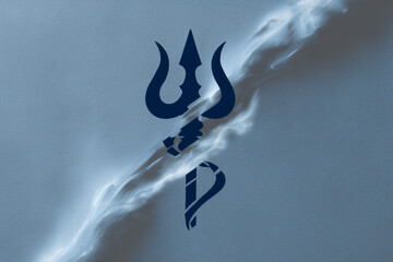  Minimal design of Shiva’s Trishul rising from Ganga waves with a serene layout and copy space.