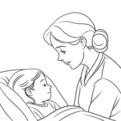 Mother Caring for Sick Child in Bed Line Art Vector Illustration
