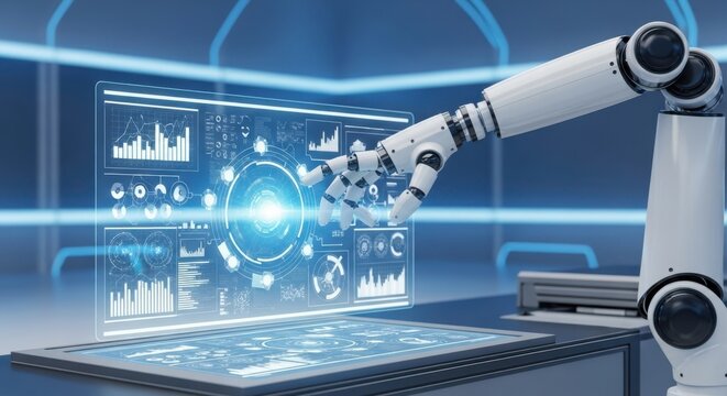 A robotic arm interacts with a futuristic holographic display showing complex data and charts, representing advanced ai and technology