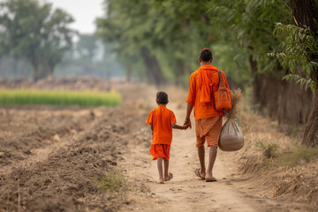 Young boy and father walking together in Kanwar Yatra, sharing devotion.
