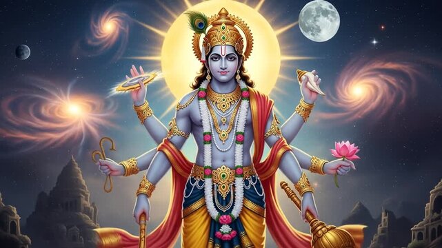 Lord Vishnu celestial cosmic artwork background, illustration of divine multi armed god in a space