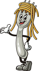Cartoon character of spaghetti on a fork posing casually