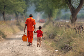 Young boy and father walking together in Kanwar Yatra, sharing devotion.
