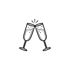 Two champagne glasses clinking together with sparkling stars isolated on a white background