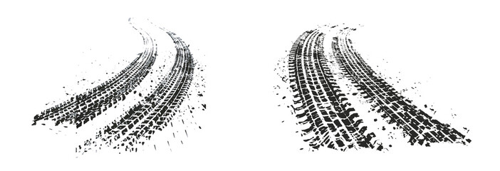 Traces of car, motorcycle tread. Curved realistic traces of tires of wheels from different types of tread vector png. Car wheels on disks.	
