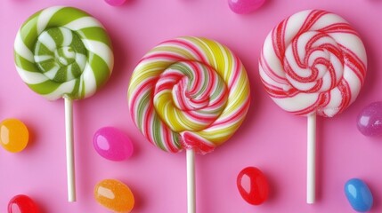 Vibrant swirling lollipops in green, yellow, and red-white colors artfully arranged with colorful jelly beans on a soft pink background