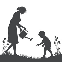Mother Watering Plants with Child Silhouette Vector Illustration
