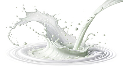 Realistic milk splash with dynamic fluid shapes, white liquid drops, and swirling streams.