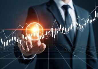 Businessman interacting with a glowing digital sphere displaying a rising stock market financial graph with upward trend and data analytics
