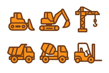 Flat orange construction equipment icons: bulldozer, crane, mixer, truck, forklift. Minimalist, clean design.