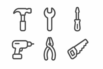 Minimalist hardware icons in gray: wrench, drill, pliers, screwdriver, hammer, saw. Ideal for apps and web design.