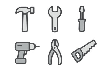 Flat vector icon set of construction tools: hammer, drill, wrench, pliers, screwdriver, saw. Gray tones, transparent background.