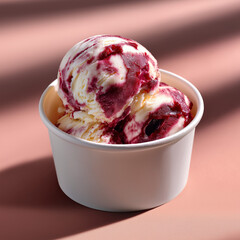 Product photography, scoop of vanilla ice cream with deep red cherry variegato marbled through the surface, in a plain white ice cream cup, isolated on pastel light rose background,