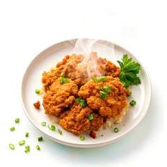 Top view of a plate of delicious fried minced meat served on a clean white background.
