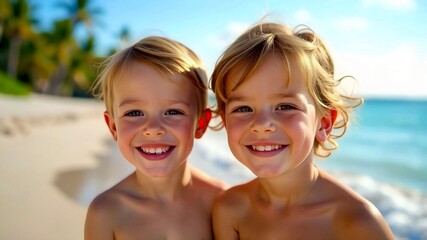 Portrait of two happy joyful children relaxing by the sea with blue water