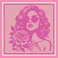  Pink Color Elegant Woman with Glasses Holding a Rose Flower Vector — Engraving Lined Stamp Style Halftone Decor Canvas Template for Vintage Aesthetic and Retro Art Design