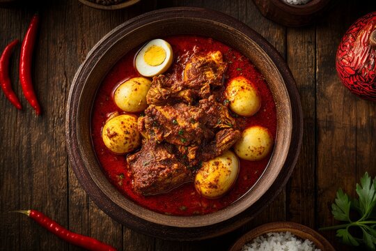 Doro wat, ethiopian chicken stew in wooden bowl, rich red color, garnished with parsley, spices scattered around. Concept of doro wat highlights vibrant flavors, cultural richness.