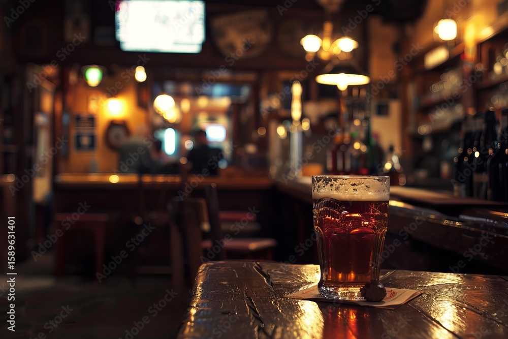Poster refreshing pint of beer rests on a wooden table in a warm, inviting pub, creating a perfect atmosphe