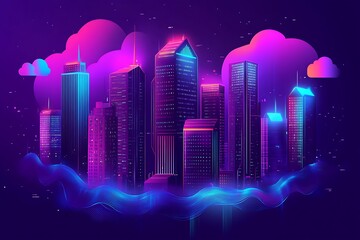 Fototapeta premium Futuristic cityscape with glowing neon lights and clouds, vibrant urban skyline illustration