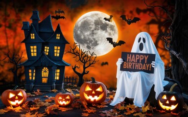Spooky ghost wishes happy birthday with haunted house and pumpkins