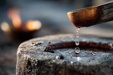  Close-up of Ganga water dripping from copper vessel onto Shivling during Abhishek.
