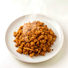 4K HD top view of a crispy fried minced meat plate on a pristine white background.