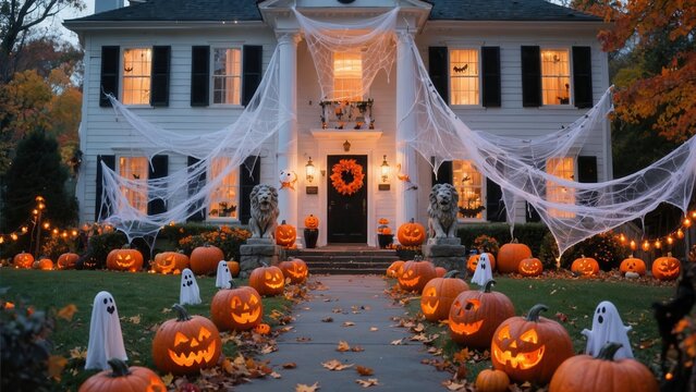 Spooky halloween house decorated with glowing jack o lanterns cobwebs and lights.