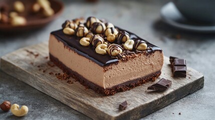 Decadent chocolate mousse cake with glossy ganache topping, adorned with golden hazelnuts on rustic wooden board, showcasing rich texture and gourmet dessert craftsmanship