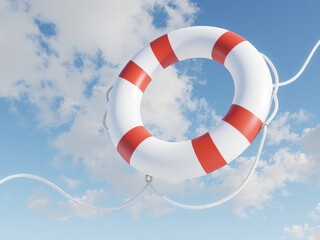 Flotation device with red stripes set against a beautiful blue sky filled with fluffy white clouds, suggesting help and assistance