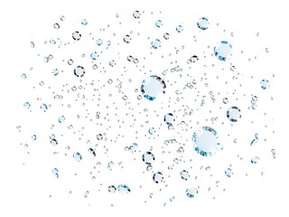 Floating water droplets cascade down, creating an abstract design that evokes purity, cleanliness, and a refreshing sensation