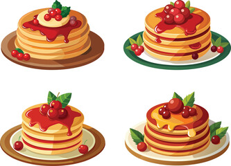 Delicious pancake stacks with berries and sauce served on decorative plates